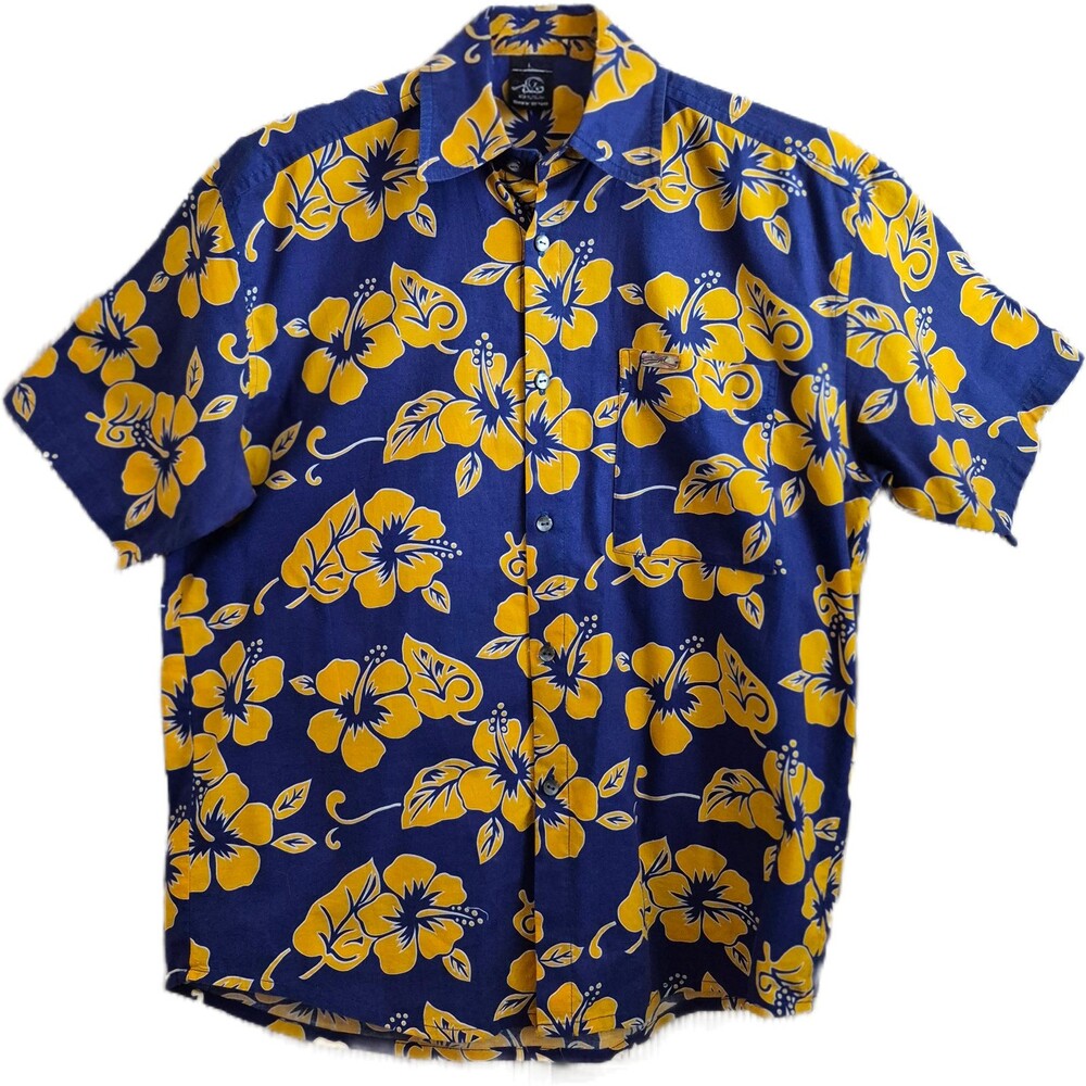 Tara Made in Tahiti Men's Shirt Size Large Blue Yellow Floral Tropical Aloha EUC